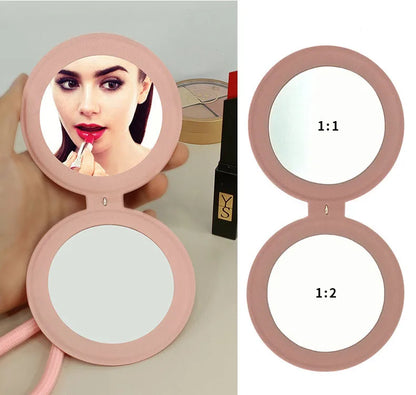 Zonyin New Design Cute Pink Double Sided Round Small Pocket Mirror 1x 2x Magnifying Compact Mirror With Pu Leather Hanging Rope