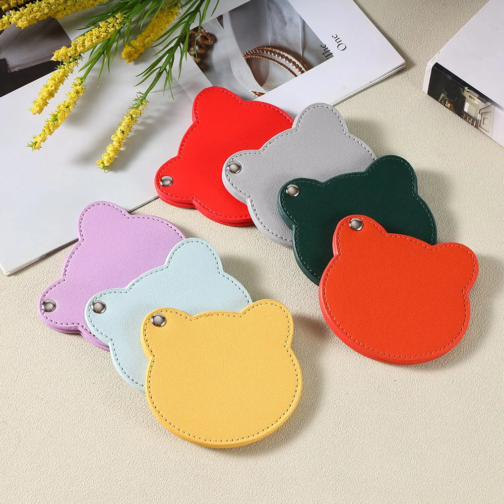 Zonyin Customized Personalized Logo Pu Leather Glass Mirror Lovely Black Bear Shaped Pocket Makeup Mirrors for Travel