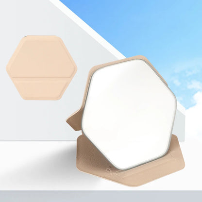 Zonyin New Hexagonal Shape Portable Desktop Small TravelMirror Custom Logo Folding PU Leather Pocket Standing Mirror for Women