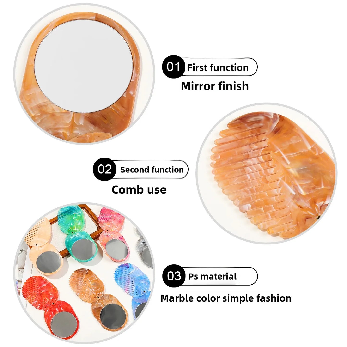 Zonyin Portable Oval Marble Makeup Mirror with Comb Foldable Rotating Cosmetic Pocket Mirror Hairbrush Combo Travel Mini Purse