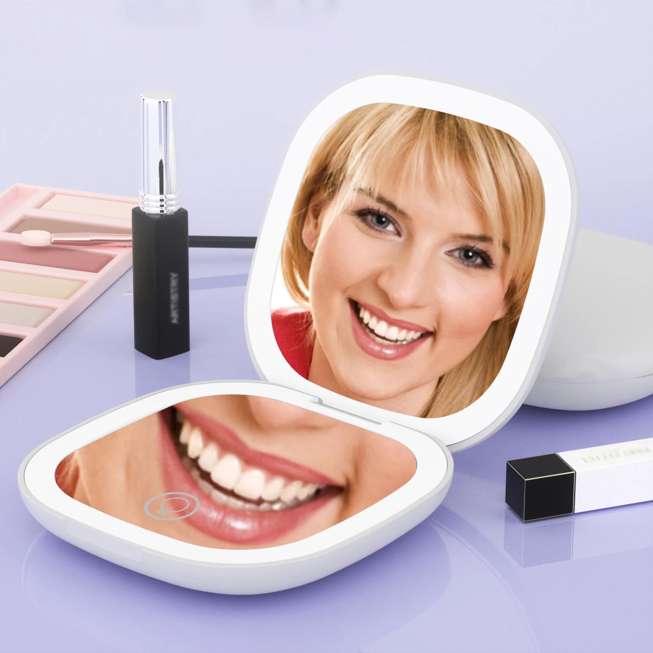 Zonyin Rechargeable Compact Makeup Mirror Dual-Sided LED Lights 5X Magnification Portable Cosmetic Mirror with Square Design
