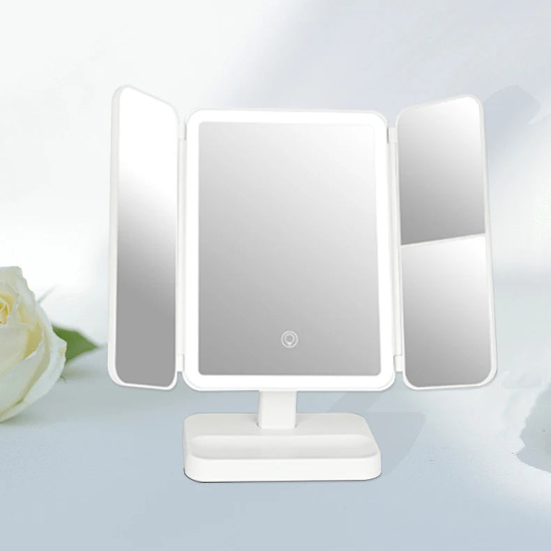 Zonyin Rechargeable Plastic Led Light Compact 3 Fold Desktop Cosmetic Mirror 3x Magnifying Portable Travel Makeup Mirror