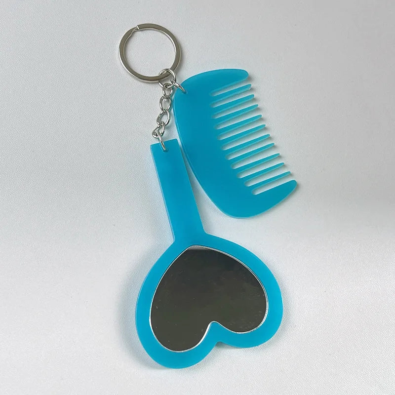 Zonyin 2in1Comb Mirror Set Multiple Colors Acetate Mini Heart Mirror Leopard Keychain Makeup Mirror Bag Pendant Accessories