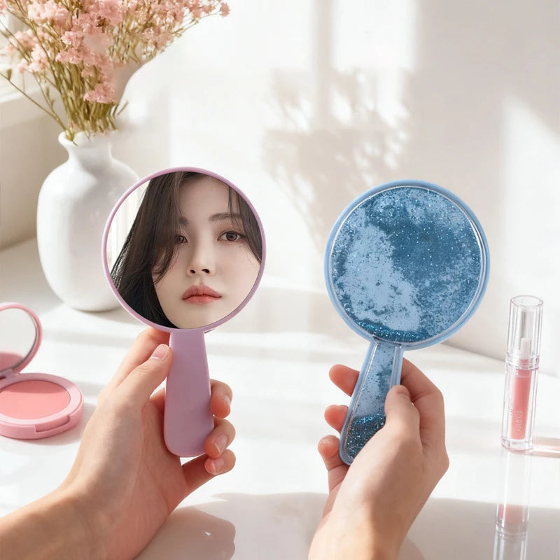 Zonyin New Shiny Quicksand Portable Handheld Makeup Mirror Plastic Round Cute Hand Makeup Mirror for Woman Girls