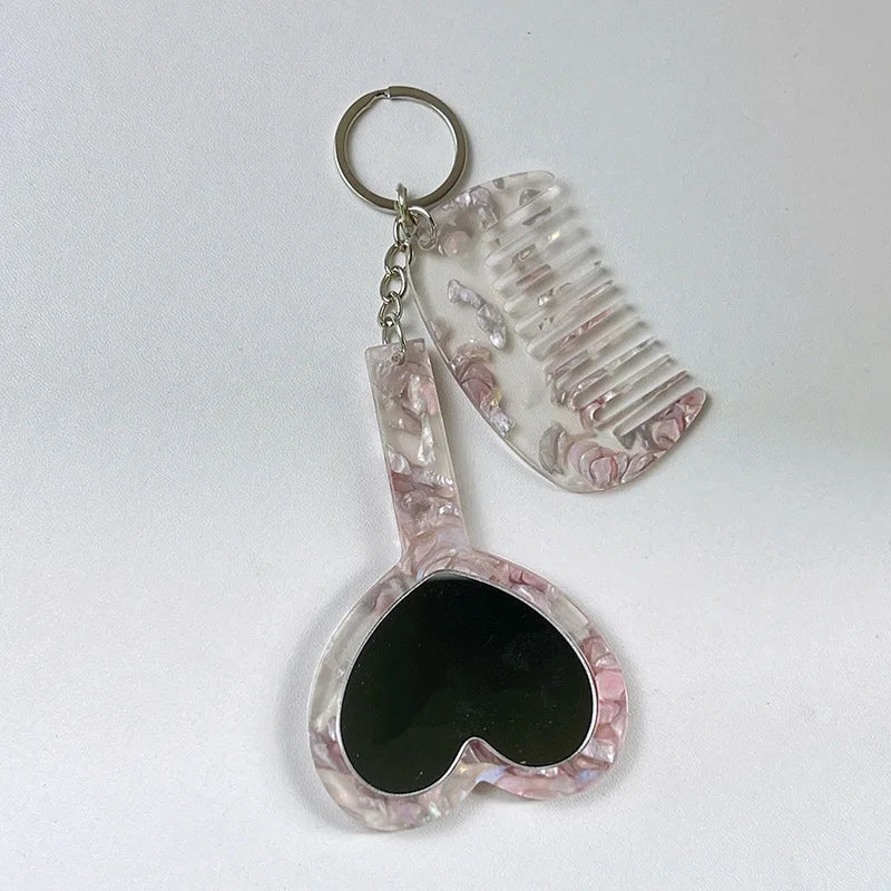 Zonyin 2in1Comb Mirror Set Multiple Colors Acetate Mini Heart Mirror Leopard Keychain Makeup Mirror Bag Pendant Accessories