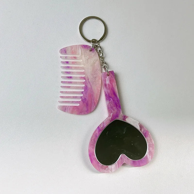 Zonyin 2in1Comb Mirror Set Multiple Colors Acetate Mini Heart Mirror Leopard Keychain Makeup Mirror Bag Pendant Accessories
