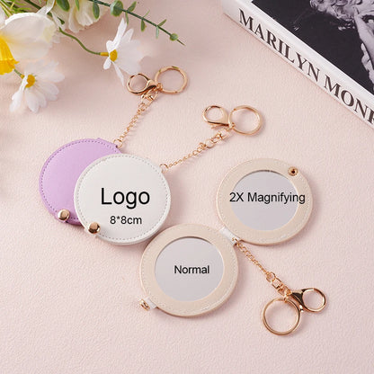 Zonyin New Design Round PU Leather Double-sided Pocket Mirror Custom Logo Pink Folding Travel Mirror with 2x Magnification