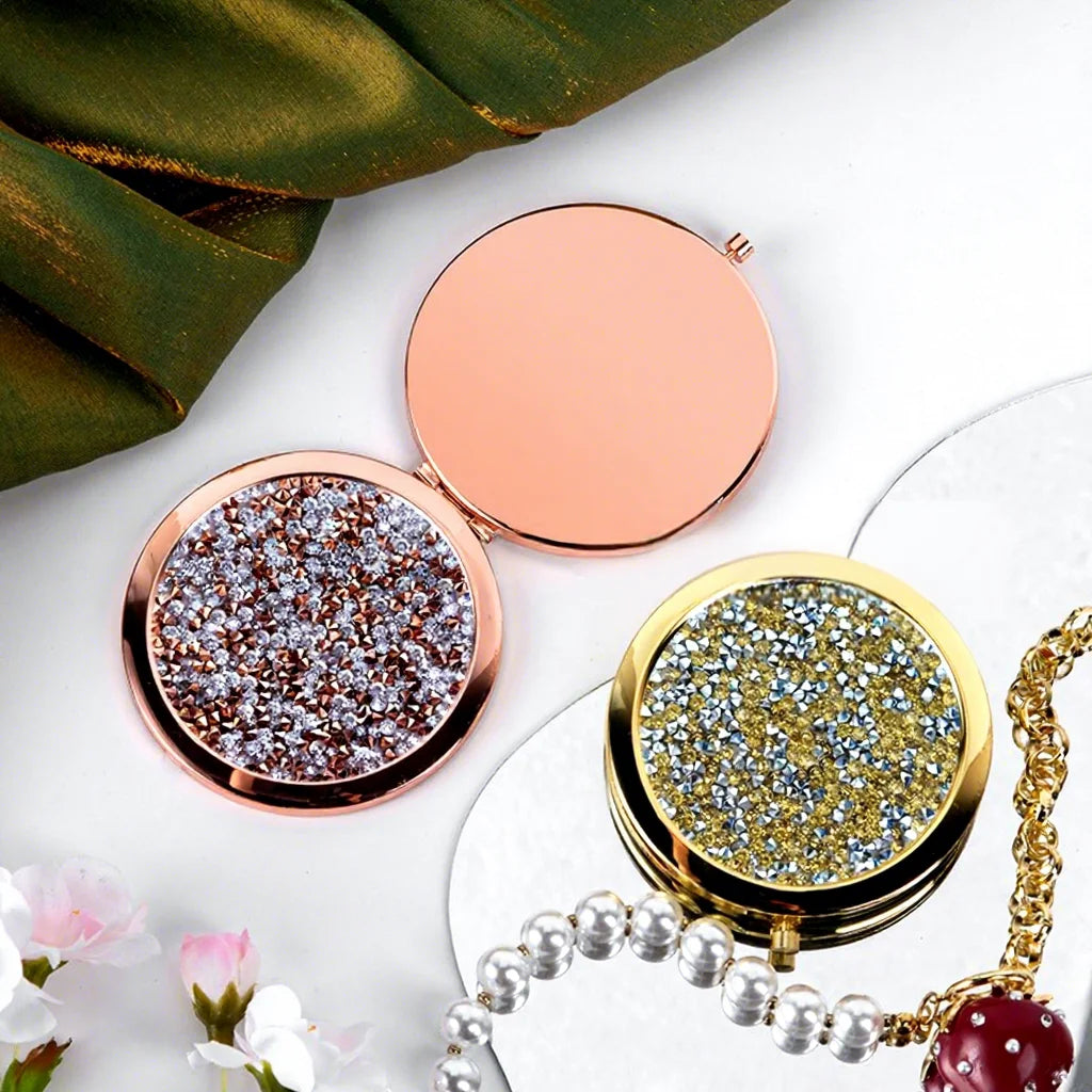 Zonyin Rhinestone Folding Makeup Mirror Crystal Double Sided Pocket Mirror Portable Round Compact Cosmetic Mirror for Wedding