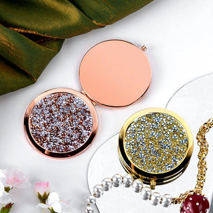 Zonyin Rhinestone Folding Makeup Mirror Crystal Double Sided Pocket Mirror Portable Round Compact Cosmetic Mirror for Wedding