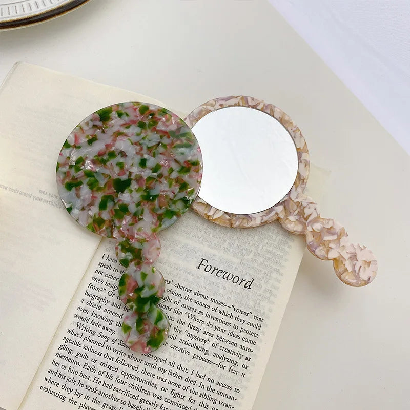 Zonyin High Quality Round Simple Design Acetate Travel HandHeld Makeup Mirror Portable Hand Held Pocket Handle Make-up Mirror