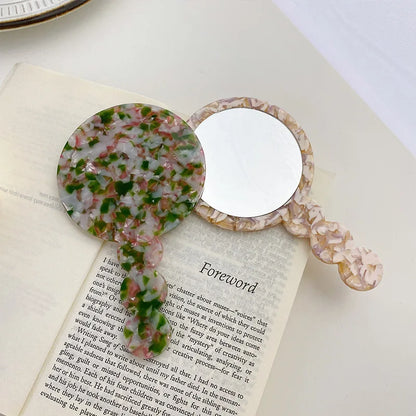 Zonyin High Quality Round Simple Design Acetate Travel HandHeld Makeup Mirror Portable Hand Held Pocket Handle Make-up Mirror
