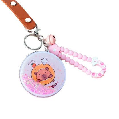 Zonyin Round Quicksand Folding Compact Mirror Portable Cute Capybara Hanging Rope Makeup Mirror Bag Pendant