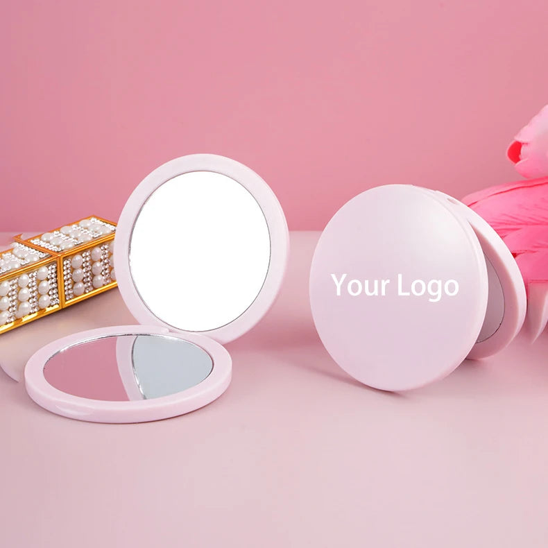 Zonyin Custom logo Round Double-Sided Folding Pocket Mirror Mini Compact pink Cosmetic Travel Mirror with 2x Magnification