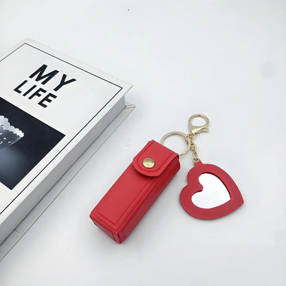 Zonyin High Quality Love Shape PU Leather Makeup Keychain Mirror Portable Heart Small Mirror and Lipstick Holder for Women Girls