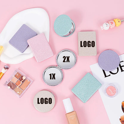 Zonyin Cute Portable Round PU Leather Folding Mirror Shiny Heart Shape 2X Double Sided Pu Pocket Makeup Mirror with Custom Logo