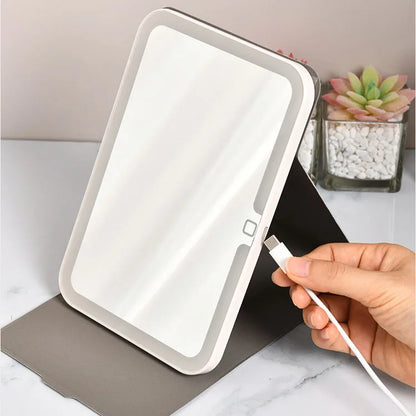 Zonyin High Quality Folding LED Makeup Desktop Mirror USB Rechargeable Pu Leather Portable Travel Standing Mirror with Led Light