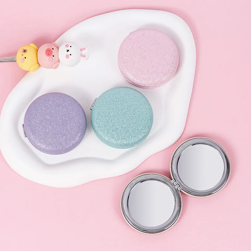 Zonyin Custom Logo Foldable Double-sided Pocket Mirror 1X/2X Portable Mini Pu Glitter Macarons Round Makeup Mirror with Keychain