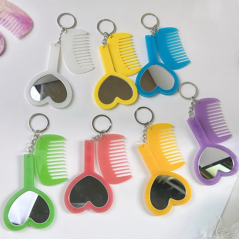 Zonyin 2in1Comb Mirror Set Multiple Colors Acetate Mini Heart Mirror Leopard Keychain Makeup Mirror Bag Pendant Accessories