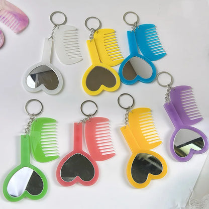 Zonyin 2in1Comb Mirror Set Multiple Colors Acetate Mini Heart Mirror Leopard Keychain Makeup Mirror Bag Pendant Accessories