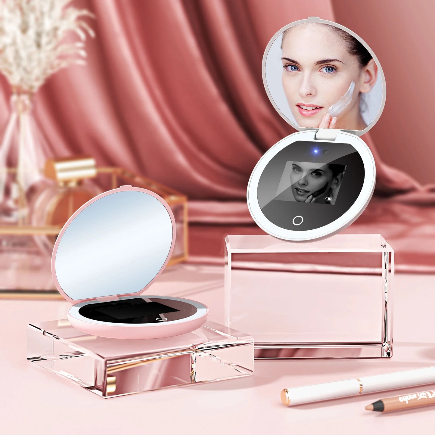 Zonyin Portable Round Smart Magnifying Pocket Cosmetic Mirror With LED Light and UV Sunscreen Detection for Girl Women Travel