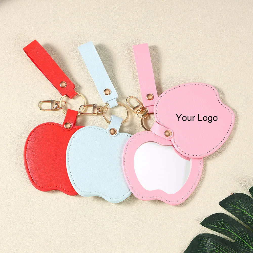 Zonyin Unique Christmas Gifts Red Apple-Shaped Pocket Mirror Foldable Pink Pu Leather Small Makeup Keychain Mirror for Women