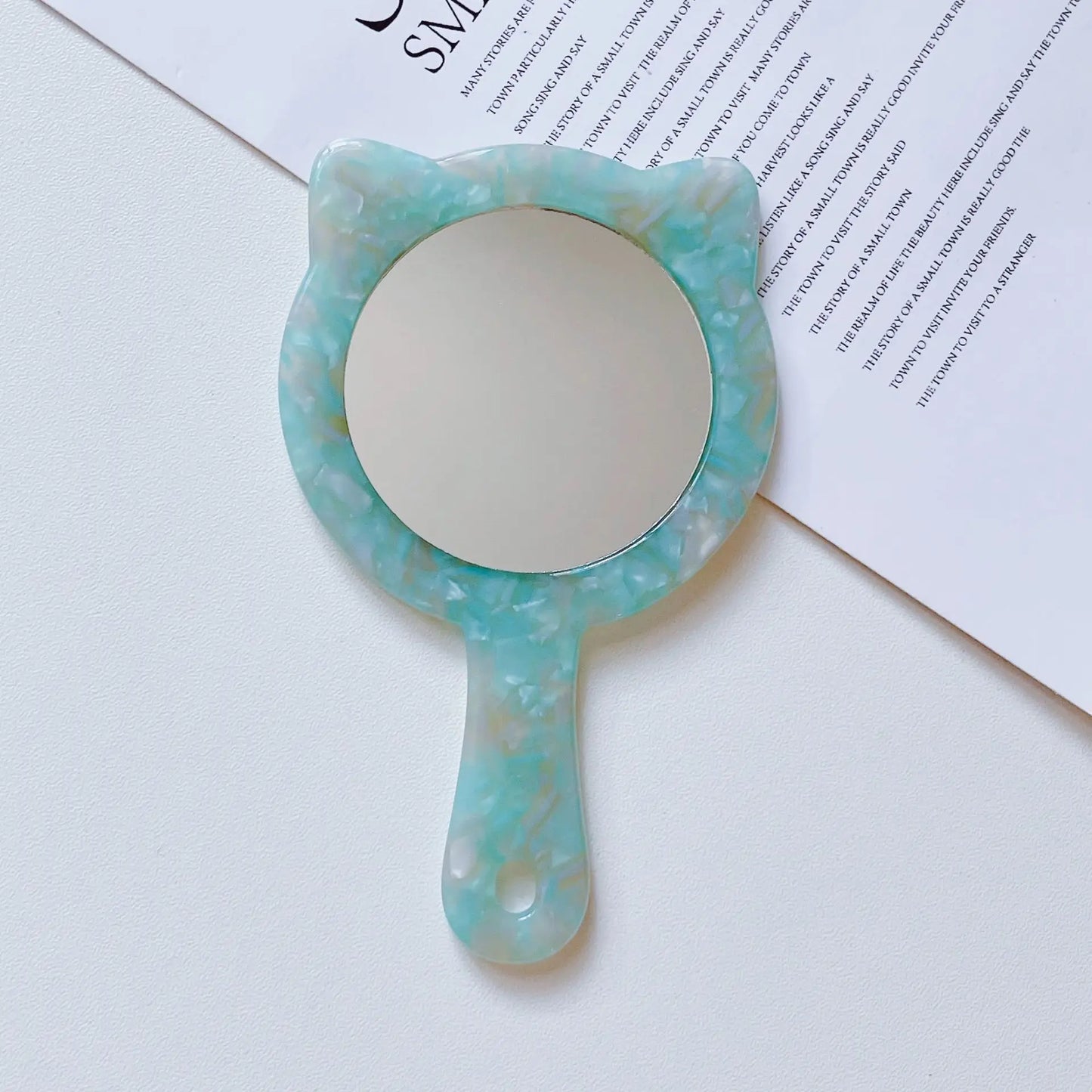 Zonyin Custom Logo Portable Cat-Shape Handheld Makeup Mirror Acetate Handle Small Cute Cosmetics Mirror for Women's Travel Use