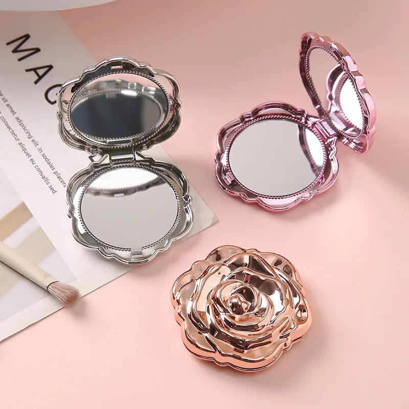 Zonyin Wholesale Portable Flower-Shaped Small Travel Makeup Mirror Folding Plastic Rose Compact Mini Cosmetic Mirror for Girls