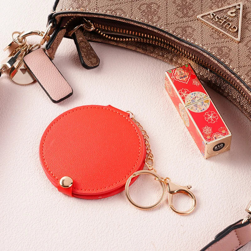 Zonyin New Design Round PU Leather Double-sided Pocket Mirror Custom Logo Pink Folding Travel Mirror with 2x Magnification