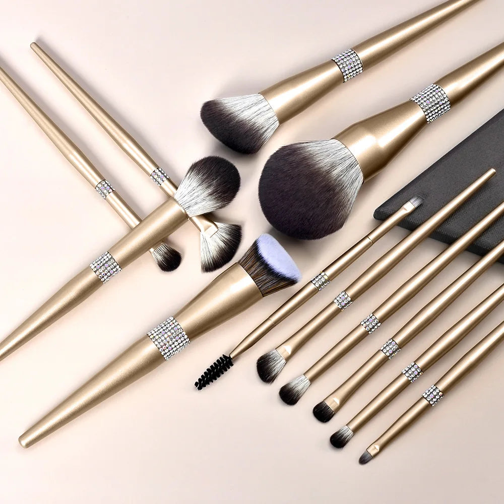 Zonyin Luxury 12Pcs Champagne Gold Soft Private Label Makeup Brushes Bling Glitter Diamond Makeup Brush Set With Rhinestone