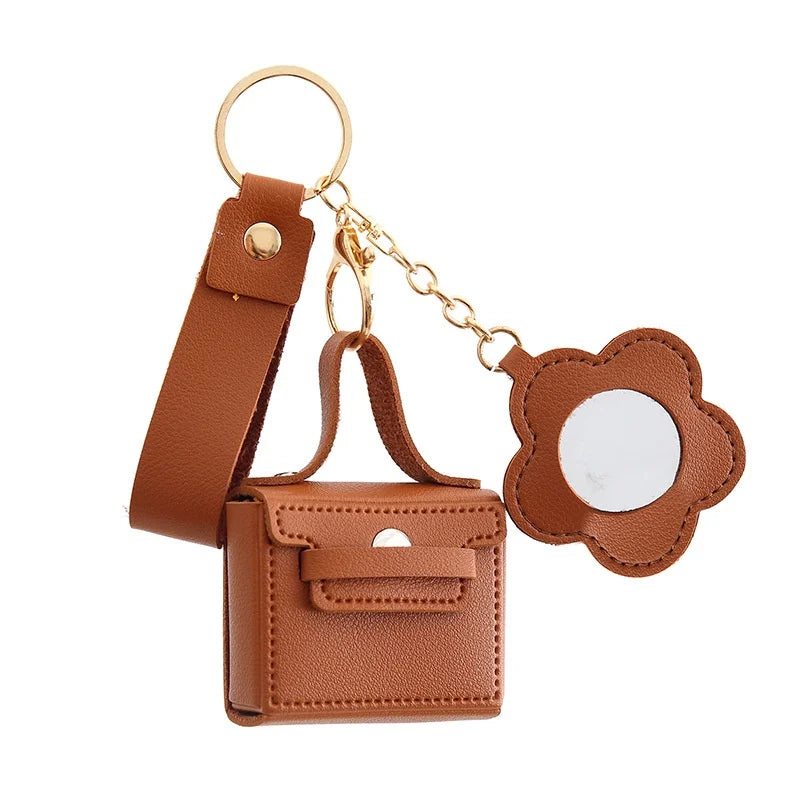Zonyin PU Leather Mini Bag Storage with Flower Shape  Makeup Mirror Earphone Bag Keychain Pendant