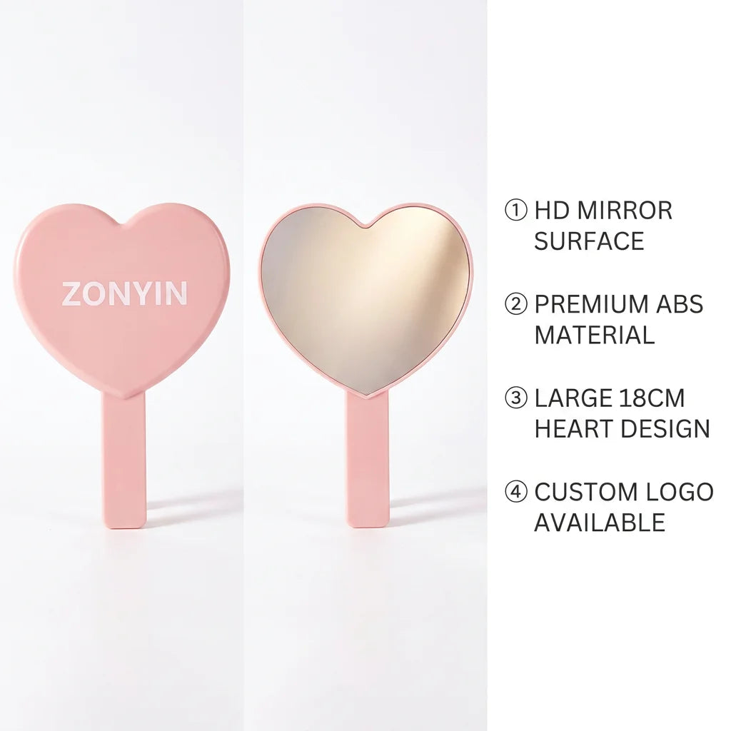 Zonyin Heart Shape Hand Cosmetic Mirror Custom logo Plastic Portable Handheld Makeup Mirror Promotional Business Gift