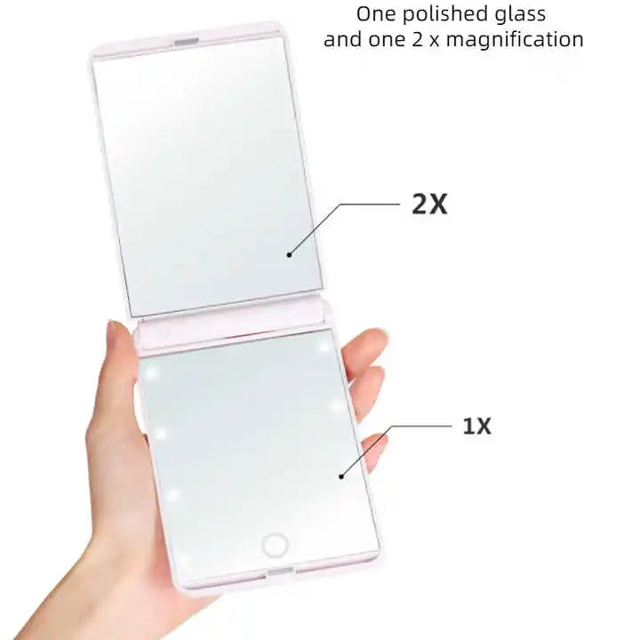 Zonyin Promotion Portable LED Lights Makeup Mirror With 2X Magnifying Logo Travel Makeup Folding Compact Mirror With Customized