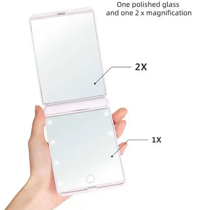Zonyin Promotion Portable LED Lights Makeup Mirror With 2X Magnifying Logo Travel Makeup Folding Compact Mirror With Customized