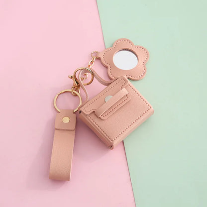 Zonyin PU Leather Mini Bag Storage with Flower Shape  Makeup Mirror Earphone Bag Keychain Pendant