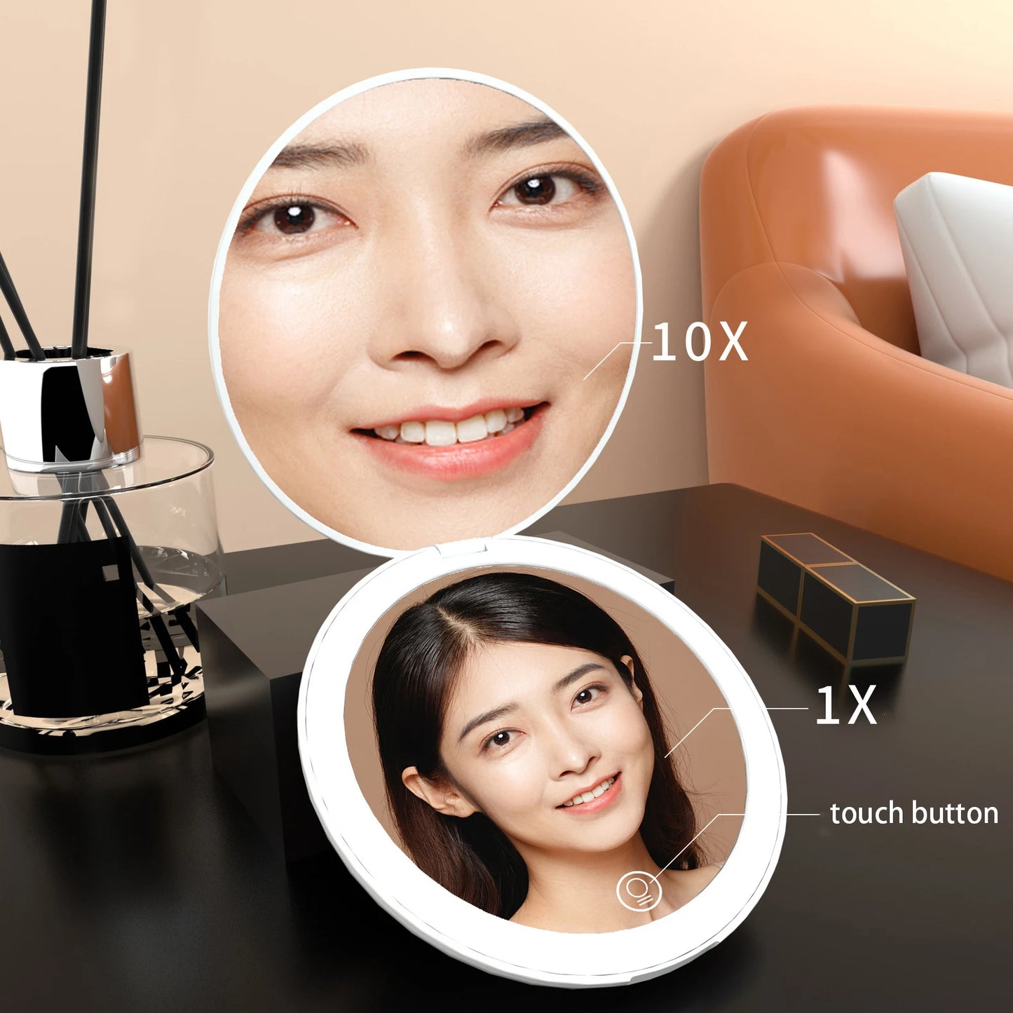 Zonyin Custom Logo Light LED Travel Makeup Mirror Compact Folding Handheld Magnifying Cosmetic Vanity Mirror Pocket Mini Size
