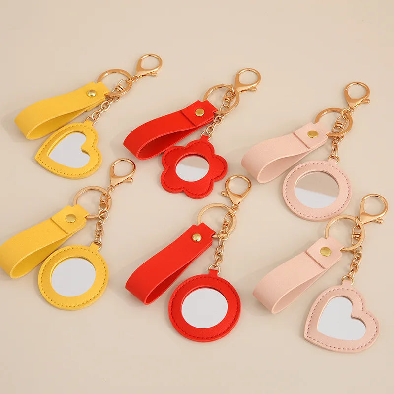 Zonyin Fashion PU Leather Makeup Mirror Bag Key Chain Flower Promotional Gifts Portable Pocket Mirror Heart Mirror With Key Ring