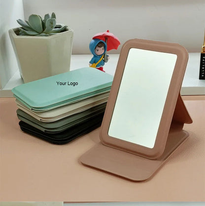 Zonyin Customized LOGO Travel Small Desktop Makeup Mirror White Portable Folding PU Leather Pocket Mirror for Women's Gift