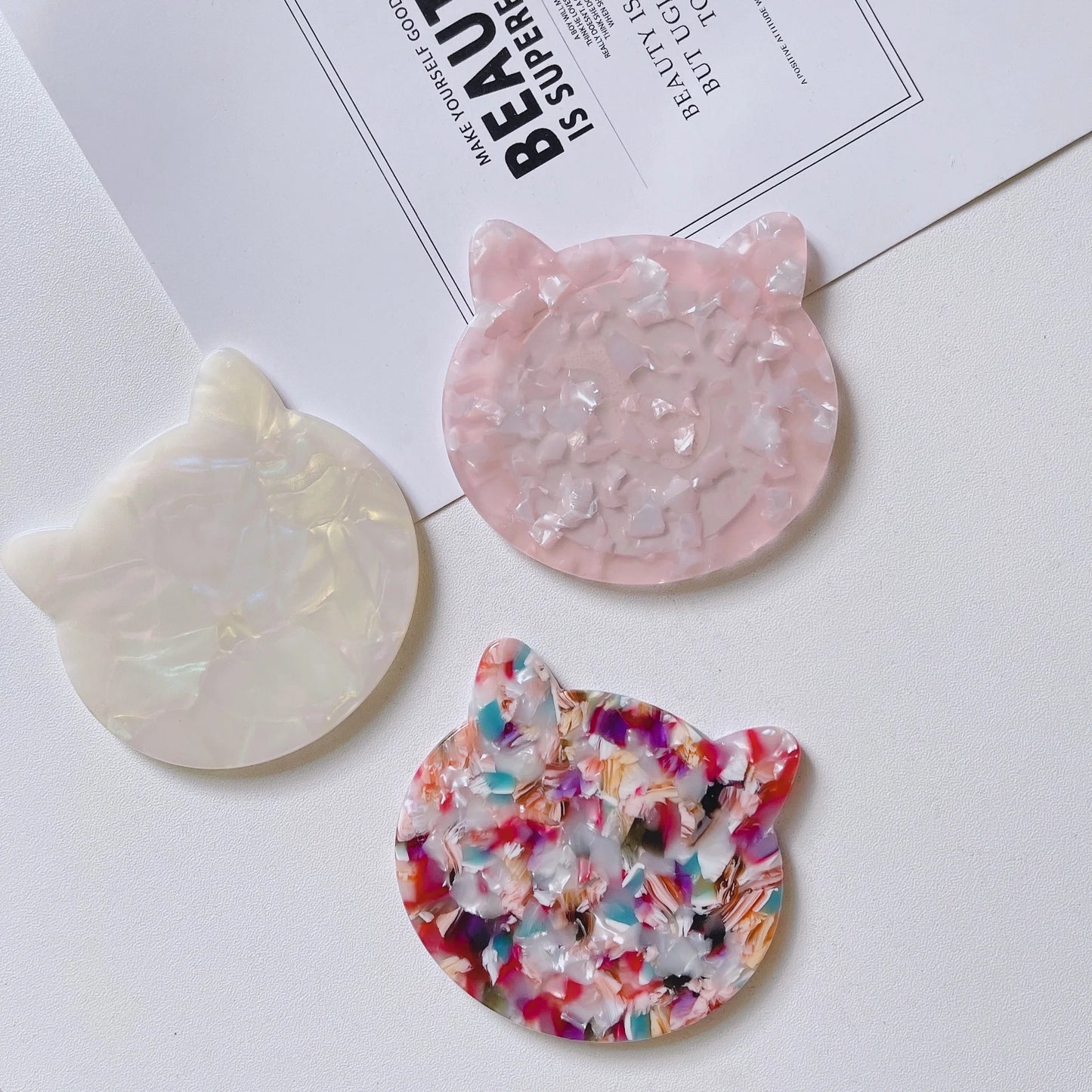 Zonyin Private Label Cat-Shape Travel Cosmetic Mirror Custom logo Acetate Small Pocket Mirror for Makeup Promotional Gift