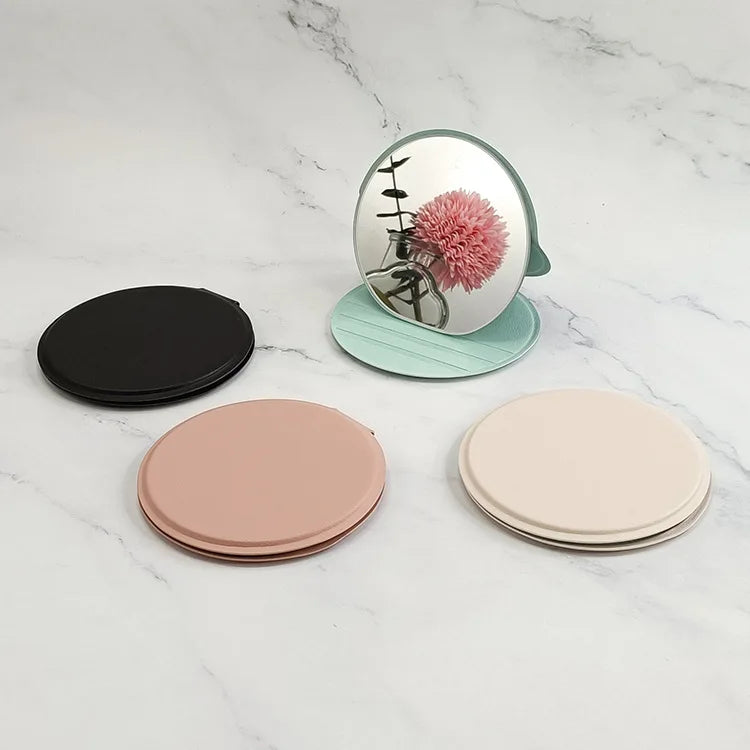 Zonyin Extra Large Round Black Pu Leather Desktop Standing Mirror Customized Your Logo Folding Super Big Makeup Vanity Mirror