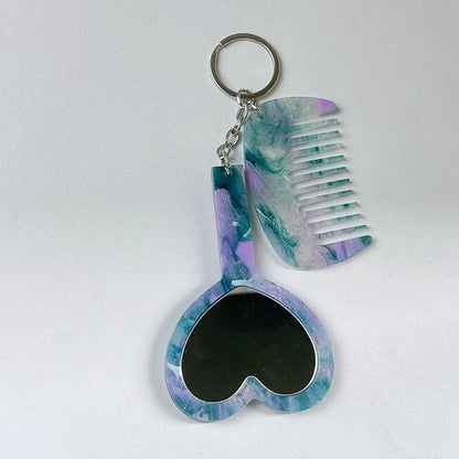Zonyin 2in1Comb Mirror Set Multiple Colors Acetate Mini Heart Mirror Leopard Keychain Makeup Mirror Bag Pendant Accessories