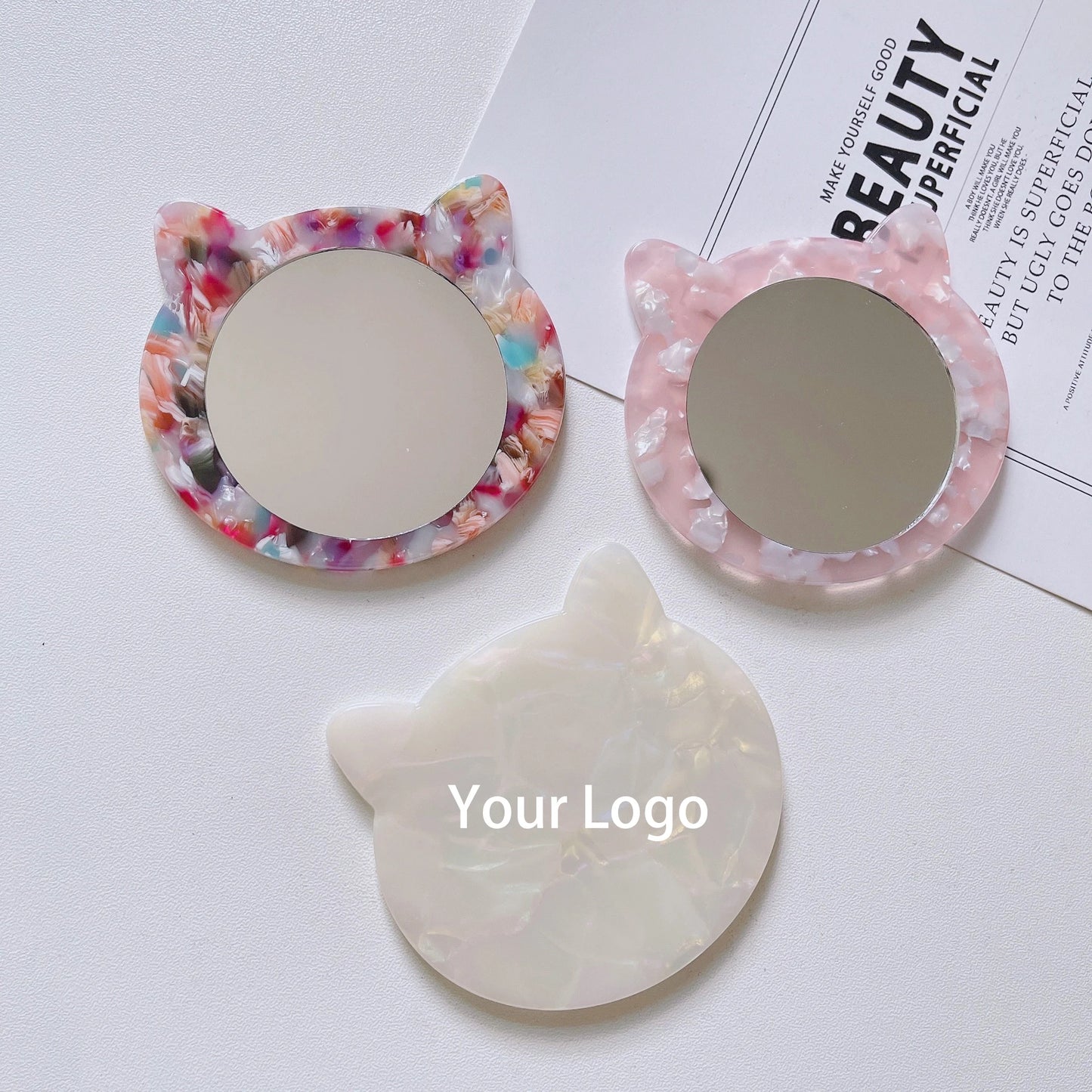 Zonyin Private Label Cat-Shape Travel Cosmetic Mirror Custom logo Acetate Small Pocket Mirror for Makeup Promotional Gift
