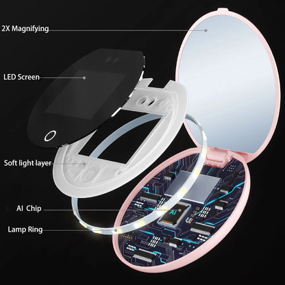Zonyin Portable Round Smart Magnifying Pocket Cosmetic Mirror With LED Light and UV Sunscreen Detection for Girl Women Travel