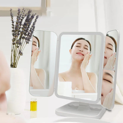 Zonyin Square Tri-Fold LED Lighted Makeup Mirror Desktop 3X Magnifying Touch Control Foldable LED Cosmetic Mirror with Lights
