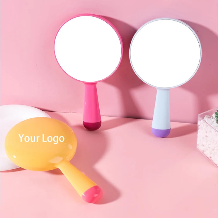 Zonyin Macaroon Color Portable Cosmetic Mirror with Cute Handle Plastic Hand-held Travel Mirror Customized Logo