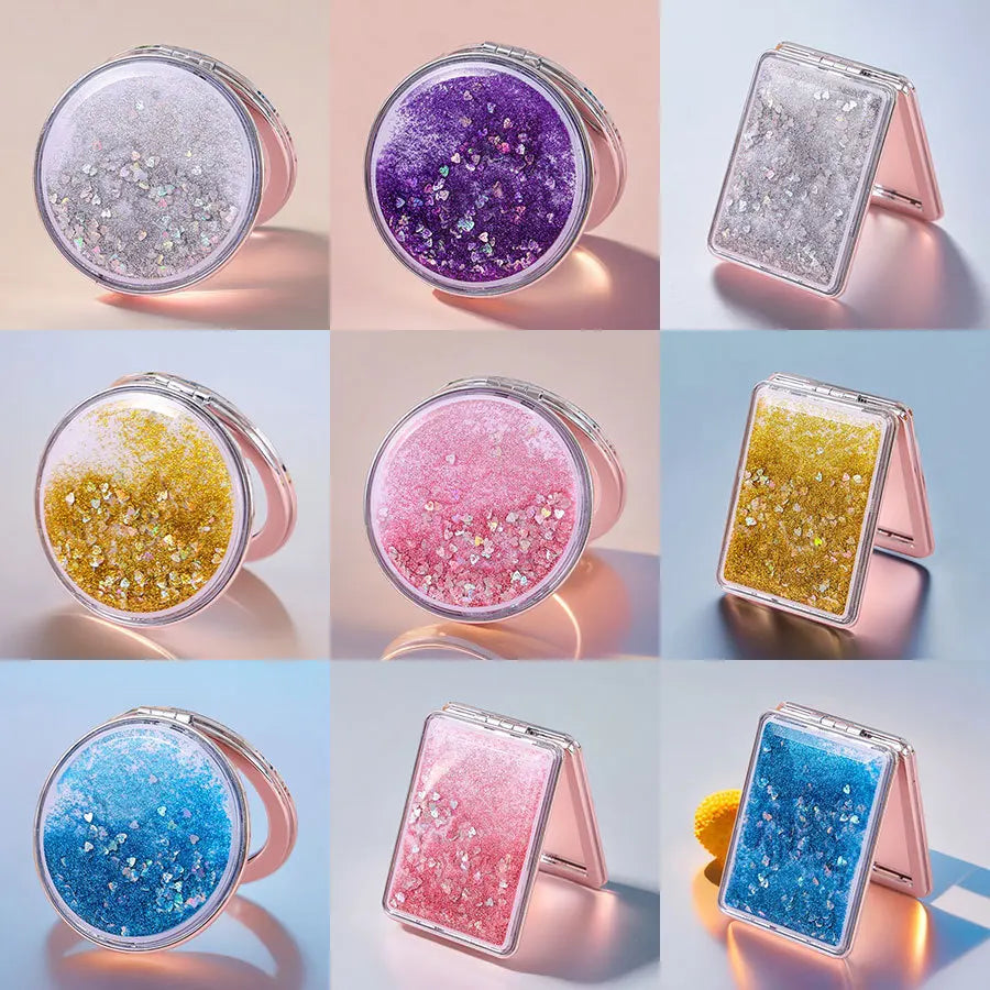 Zonyin Custom Logo Cute Portable Mini Pocket Makeup Compact Handheld Foldable Travel Mirror Double Sparkling Quicksand Small