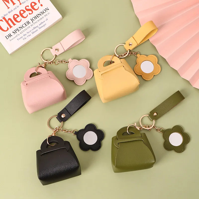 Zonyin Portable PU Leather Bag-Shaped Handheld Makeup Mirror with Keychain Mini Coin Purse Style Pocket Mirror