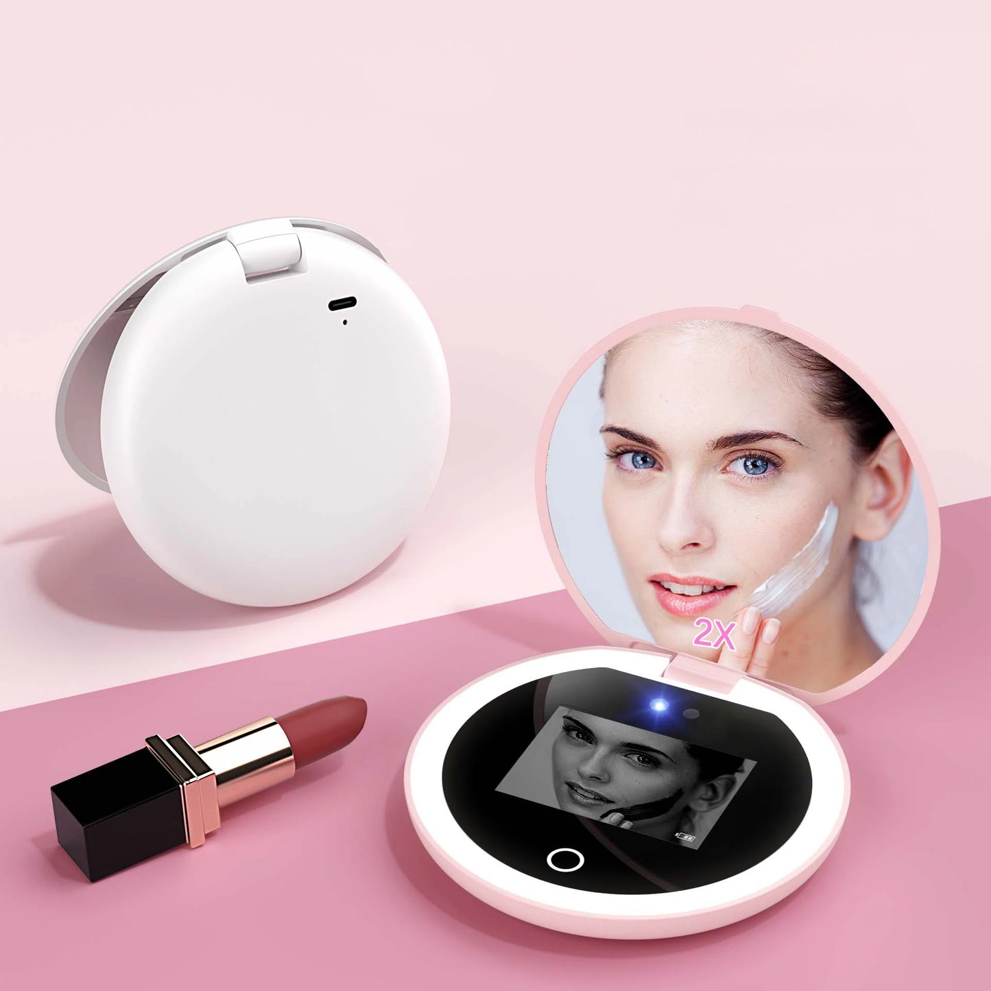 Zonyin Portable Round Smart Magnifying Pocket Cosmetic Mirror With LED Light and UV Sunscreen Detection for Girl Women Travel