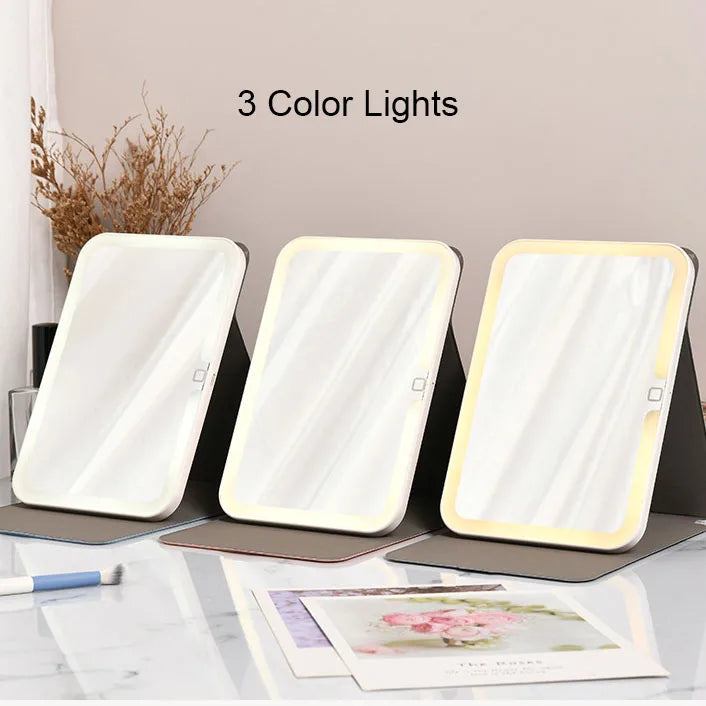 Zonyin High Quality Folding LED Makeup Desktop Mirror USB Rechargeable Pu Leather Portable Travel Standing Mirror with Led Light