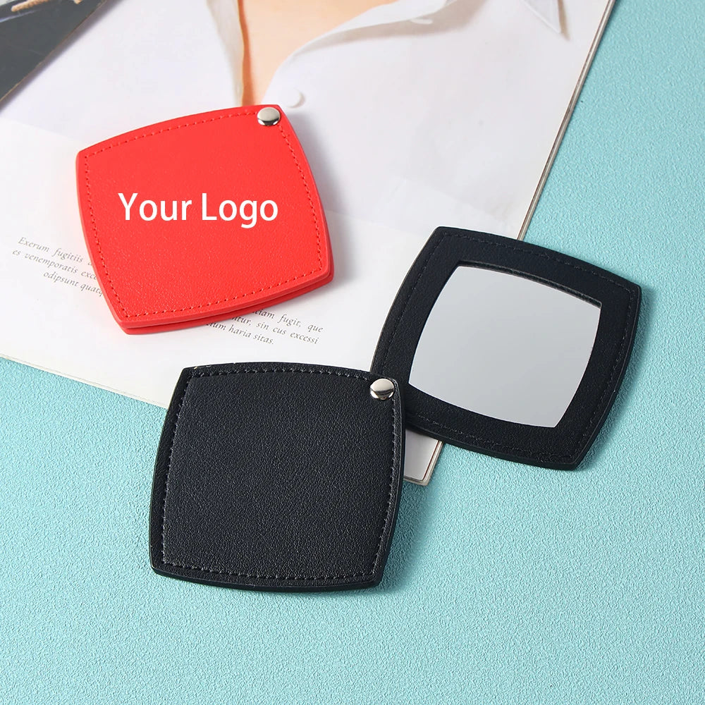 Zonyin Customized Logo Portable Square-Shape Vanity Makeup Mirror Travel Folding Pu Leather Pocket Compact Mirror for Girls Gift