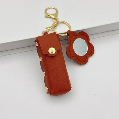 Zonyin PU Leather Flower Shaped Portable Mini Makeup Mirror With Lipstick Holder for Women Cosmetic Mirror Keychain  Accessories